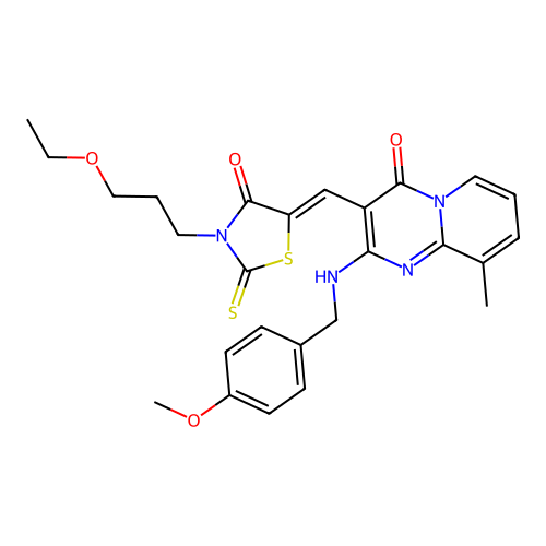 3-{(Z)-[3-(3-ethoxypropyl)-4-oxo-2-thioxo-1,3-thiazolidin-5-ylidene]methyl}-2-[(4-methoxybenzyl)amino]-9-methyl-4H-pyrido[1,2-a]pyrimidin-4-one structure