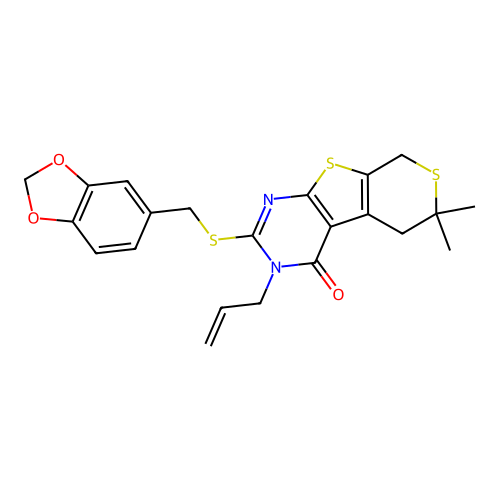 2-[(1,3-benzodioxol-5-ylmethyl)sulfanyl]-6,6-dimethyl-3-(prop-2-en-1-yl)-3,5,6,8-tetrahydro-4H-thiopyrano[4',3':4,5]thieno[2,3-d]pyrimidin-4-one structure