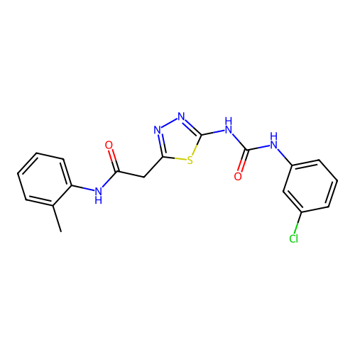 2-(5-{[(3-chlorophenyl)carbamoyl]amino}-1,3,4-thiadiazol-2-yl)-N-(2-methylphenyl)acetamide structure