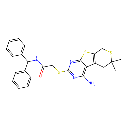 2-((4-amino-6,6-dimethyl-6,8-dihydro-5H-thiopyrano[4',3':4,5]thieno[2,3-d]pyrimidin-2-yl)thio)-N-benzhydrylacetamide structure