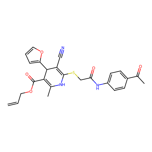 allyl 6-((2-((4-acetylphenyl)amino)-2-oxoethyl)thio)-5-cyano-4-(furan-2-yl)-2-methyl-1,4-dihydropyridine-3-carboxylate structure