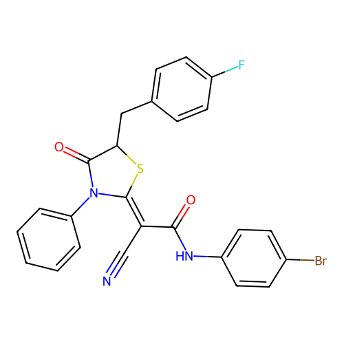 (2Z)-N-(4-bromophenyl)-2-cyano-2-[5-(4-fluorobenzyl)-4-oxo-3-phenyl-1,3-thiazolidin-2-ylidene]ethanamide structure