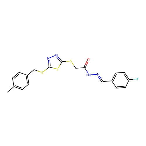 N'-[(E)-(4-fluorophenyl)methylidene]-2-({5-[(4-methylbenzyl)sulfanyl]-1,3,4-thiadiazol-2-yl}sulfanyl)acetohydrazide structure