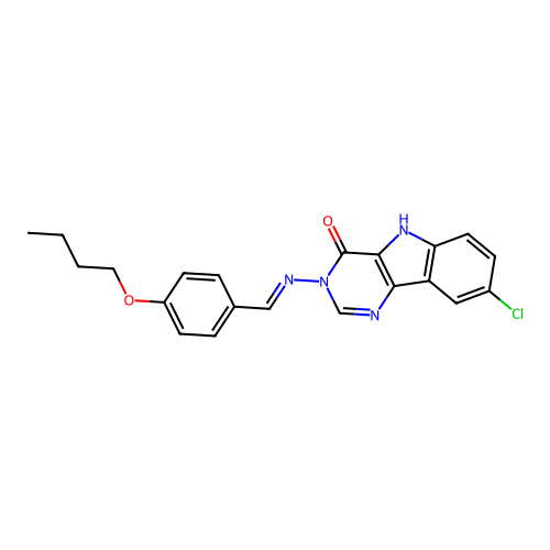 (E)-3-((4-butoxybenzylidene)amino)-8-chloro-3H-pyrimido[5,4-b]indol-4(5H)-one structure