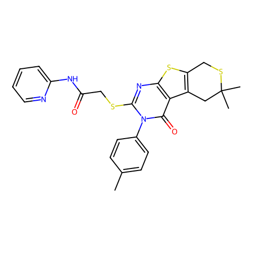 2-((6,6-dimethyl-4-oxo-3-(p-tolyl)-4,5,6,8-tetrahydro-3H-thiopyrano[4',3':4,5]thieno[2,3-d]pyrimidin-2-yl)thio)-N-(pyridin-2-yl)acetamide structure