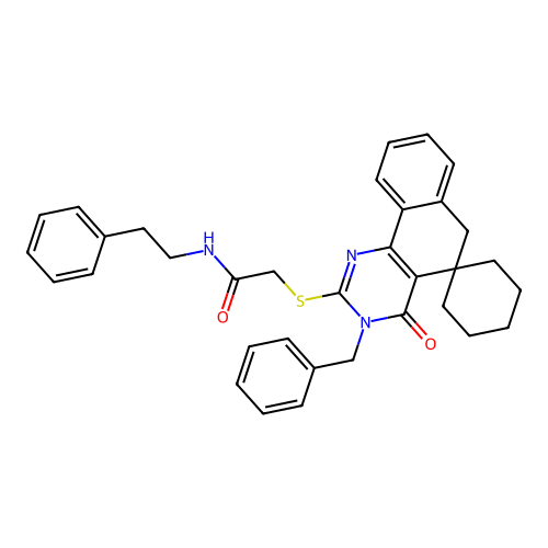 2-((3-benzyl-4-oxo-4,6-dihydro-3H-spiro[benzo[h]quinazoline-5,1'-cyclohexan]-2-yl)thio)-N-phenethylacetamide structure