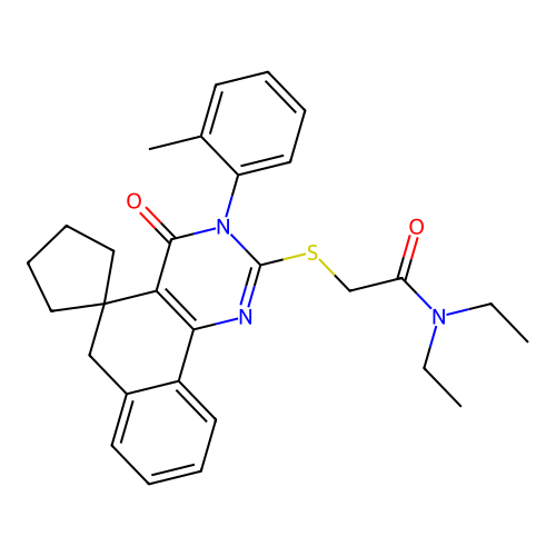 N,N-diethyl-2-((4-oxo-3-(o-tolyl)-4,6-dihydro-3H-spiro[benzo[h]quinazoline-5,1'-cyclopentan]-2-yl)thio)acetamide structure
