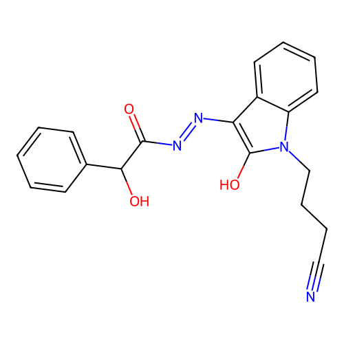 (E)-N'-(1-(3-cyanopropyl)-2-oxoindolin-3-ylidene)-2-hydroxy-2-phenylacetohydrazide structure