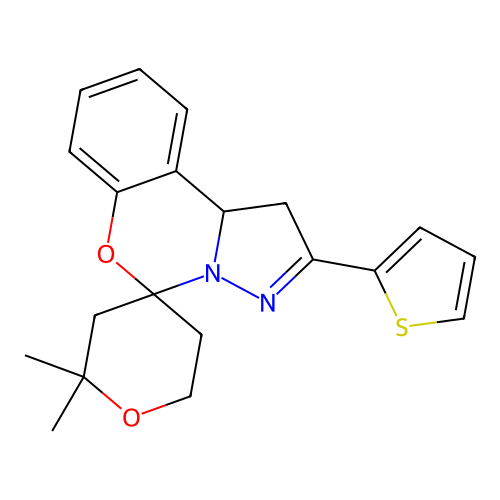 2',2'-dimethyl-2-(thiophen-2-yl)-1,2',3',5',6',10b-hexahydrospiro[benzo[e]pyrazolo[1,5-c][1,3]oxazine-5,4'-pyran] structure