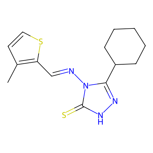 (E)-5-cyclohexyl-4-(((3-methylthiophen-2-yl)methylene)amino)-4H-1,2,4-triazole-3-thiol structure