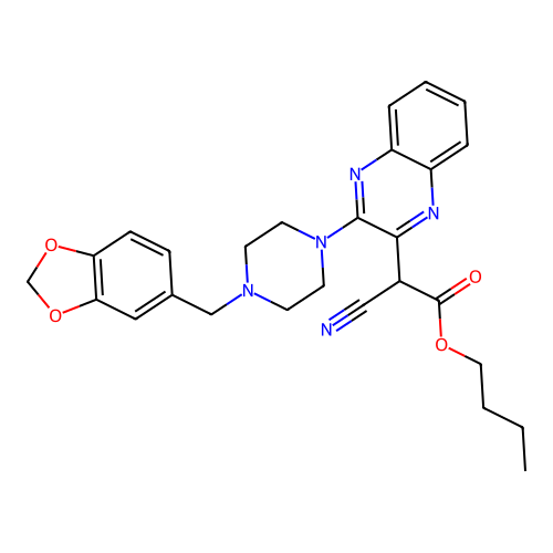 butyl {3-[4-(1,3-benzodioxol-5-ylmethyl)piperazin-1-yl]quinoxalin-2-yl}(cyano)acetate structure