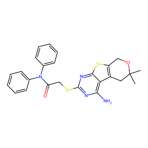 2-((4-amino-6,6-dimethyl-6,8-dihydro-5H-pyrano[4',3':4,5]thieno[2,3-d]pyrimidin-2-yl)thio)-N,N-diphenylacetamide structure