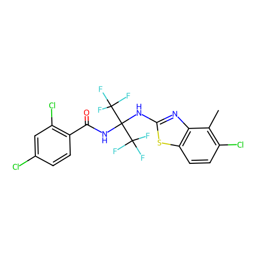 2,4-dichloro-N-(2-((5-chloro-4-methylbenzo[d]thiazol-2-yl)amino)-1,1,1,3,3,3-hexafluoropropan-2-yl)benzamide structure