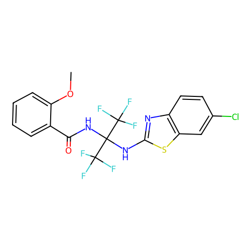 N-(2-((6-chlorobenzo[d]thiazol-2-yl)amino)-1,1,1,3,3,3-hexafluoropropan-2-yl)-2-methoxybenzamide structure