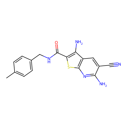 3,6-diamino-5-cyano-N-(4-methylbenzyl)thieno[2,3-b]pyridine-2-carboxamide structure