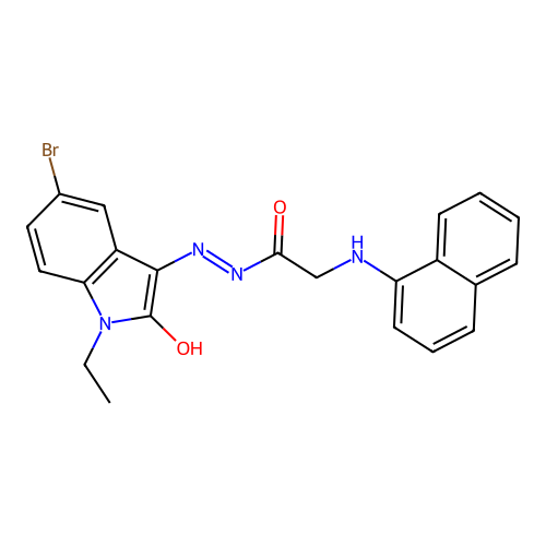 N'-[(3Z)-5-bromo-1-ethyl-2-oxo-1,2-dihydro-3H-indol-3-ylidene]-2-(naphthalen-1-ylamino)acetohydrazide (non-preferred name) structure