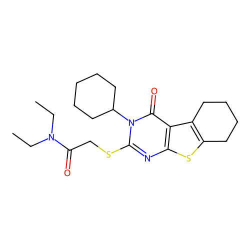 2-((3-cyclohexyl-4-oxo-3,4,5,6,7,8-hexahydrobenzo[4,5]thieno[2,3-d]pyrimidin-2-yl)thio)-N,N-diethylacetamide structure