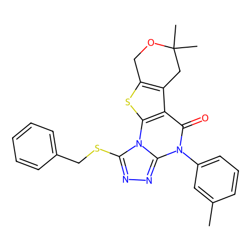 1-(benzylsulfanyl)-7,7-dimethyl-4-(3-methylphenyl)-6,9-dihydro-7H-pyrano[4',3':4,5]thieno[3,2-e][1,2,4]triazolo[4,3-a]pyrimidin-5(4H)-one structure