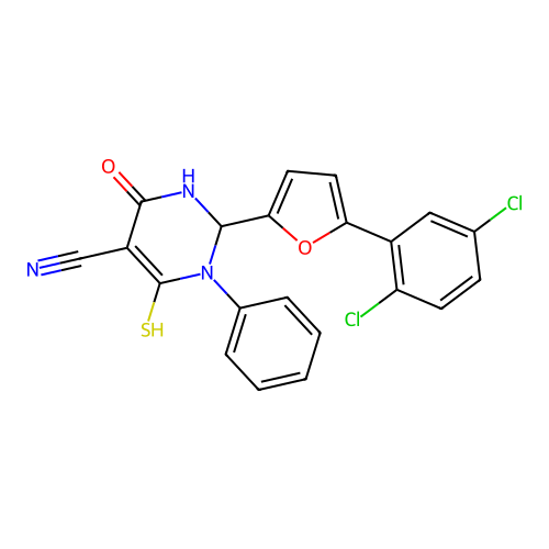 2-(5-(2,5-dichlorophenyl)furan-2-yl)-6-mercapto-4-oxo-1-phenyl-1,2,3,4-tetrahydropyrimidine-5-carbonitrile structure