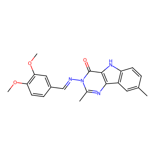 (E)-3-((3,4-dimethoxybenzylidene)amino)-2,8-dimethyl-3H-pyrimido[5,4-b]indol-4(5H)-one structure