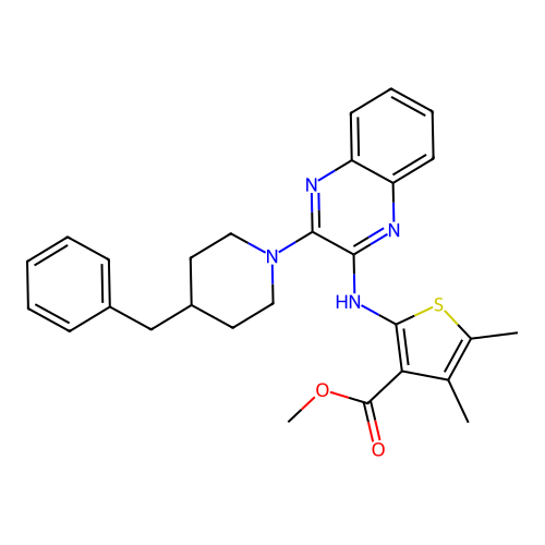 methyl 2-((3-(4-benzylpiperidin-1-yl)quinoxalin-2-yl)amino)-4,5-dimethylthiophene-3-carboxylate structure