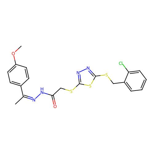2-({5-[(2-chlorobenzyl)sulfanyl]-1,3,4-thiadiazol-2-yl}sulfanyl)-N'-[(1Z)-1-(4-methoxyphenyl)ethylidene]acetohydrazide structure