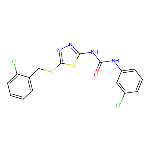 1-(3-chlorophenyl)-3-[5-[(2-chlorophenyl)methylsulfanyl]-1,3,4-thiadiazol-2-yl]urea structure