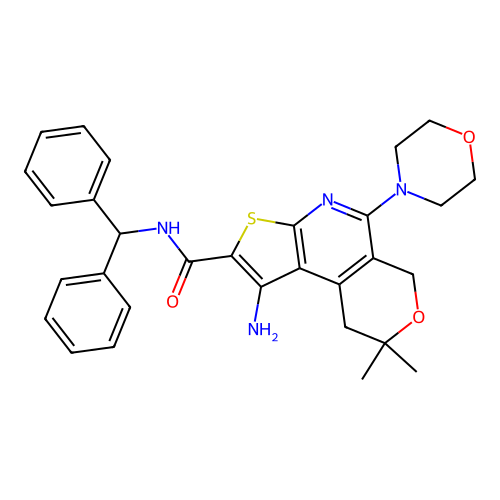 1-amino-N-(diphenylmethyl)-8,8-dimethyl-5-(morpholin-4-yl)-8,9-dihydro-6H-pyrano[4,3-d]thieno[2,3-b]pyridine-2-carboxamide structure