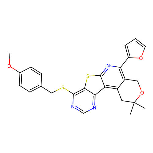 5-(furan-2-yl)-8-((4-methoxybenzyl)thio)-2,2-dimethyl-2,4-dihydro-1H-pyrano[4'',3'':4',5']pyrido[3',2':4,5]thieno[3,2-d]pyrimidine structure
