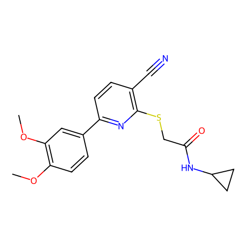 2-{[3-cyano-6-(3,4-dimethoxyphenyl)pyridin-2-yl]sulfanyl}-N-cyclopropylacetamide structure