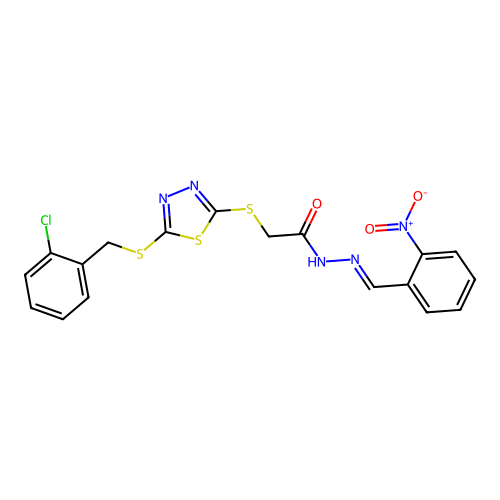 (E)-2-((5-((2-chlorobenzyl)thio)-1,3,4-thiadiazol-2-yl)thio)-N'-(2-nitrobenzylidene)acetohydrazide structure
