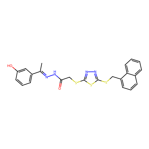 (E)-N'-(1-(3-hydroxyphenyl)ethylidene)-2-((5-((naphthalen-1-ylmethyl)thio)-1,3,4-thiadiazol-2-yl)thio)acetohydrazide structure