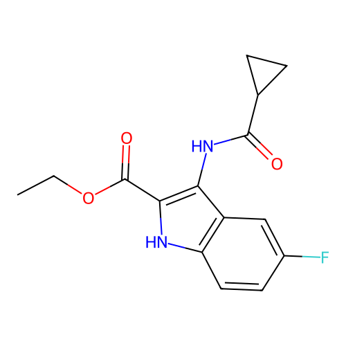 ethyl 3-[(cyclopropylcarbonyl)amino]-5-fluoro-1H-indole-2-carboxylate structure