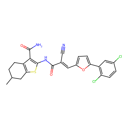 (E)-2-(2-cyano-3-(5-(2,5-dichlorophenyl)furan-2-yl)acrylamido)-6-methyl-4,5,6,7-tetrahydrobenzo[b]thiophene-3-carboxamide structure