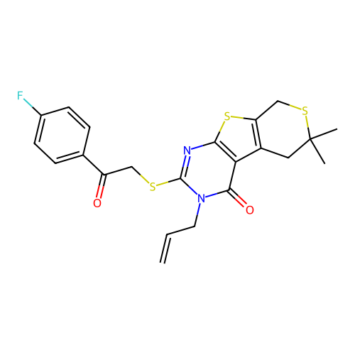 2-{[2-(4-fluorophenyl)-2-oxoethyl]sulfanyl}-6,6-dimethyl-3-(prop-2-en-1-yl)-3,5,6,8-tetrahydro-4H-thiopyrano[4',3':4,5]thieno[2,3-d]pyrimidin-4-one structure