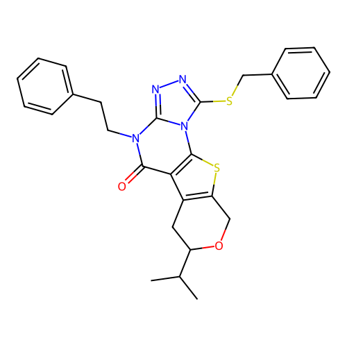1-(benzylsulfanyl)-4-(2-phenylethyl)-7-(propan-2-yl)-6,9-dihydro-7H-pyrano[4',3':4,5]thieno[3,2-e][1,2,4]triazolo[4,3-a]pyrimidin-5(4H)-one structure