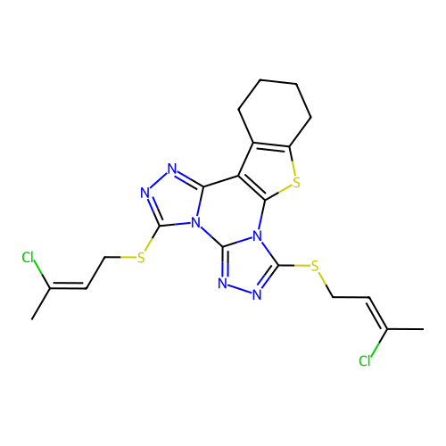 3,7-bis(((Z)-3-chlorobut-2-en-1-yl)thio)-10,11,12,13-tetrahydrobenzo[4,5]thieno[3,2-e]bis([1,2,4]triazolo)[4,3-a:4',3'-c]pyrimidine structure