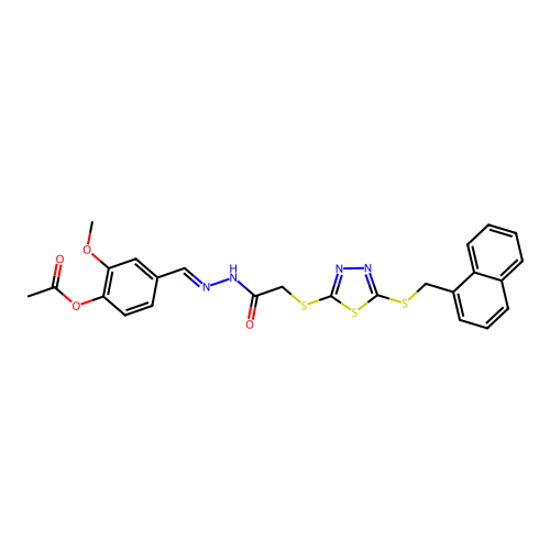 2-methoxy-4-[(E)-{2-[({5-[(naphthalen-1-ylmethyl)sulfanyl]-1,3,4-thiadiazol-2-yl}sulfanyl)acetyl]hydrazinylidene}methyl]phenyl acetate structure