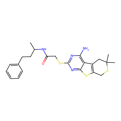 2-((4-amino-6,6-dimethyl-6,8-dihydro-5H-thiopyrano[4',3':4,5]thieno[2,3-d]pyrimidin-2-yl)thio)-N-(4-phenylbutan-2-yl)acetamide structure