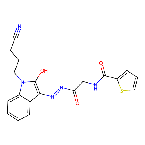 (Z)-N-(2-(2-(1-(3-cyanopropyl)-2-oxoindolin-3-ylidene)hydrazinyl)-2-oxoethyl)thiophene-2-carboxamide structure