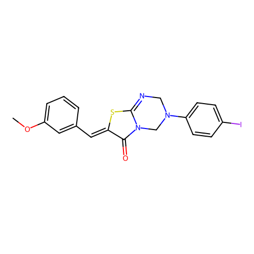 (7Z)-3-(4-iodophenyl)-7-(3-methoxybenzylidene)-3,4-dihydro-2H-[1,3]thiazolo[3,2-a][1,3,5]triazin-6(7H)-one structure
