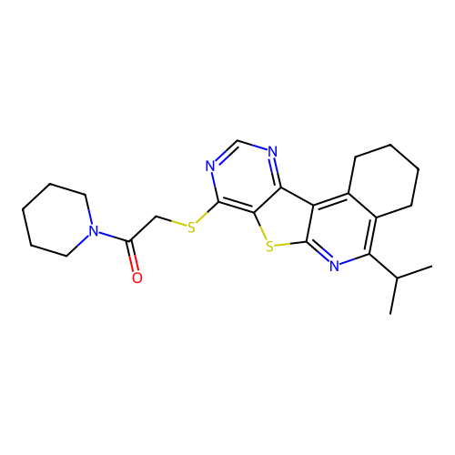 1-(piperidin-1-yl)-2-{[5-(propan-2-yl)-1,2,3,4-tetrahydropyrimido[4',5':4,5]thieno[2,3-c]isoquinolin-8-yl]sulfanyl}ethanone structure