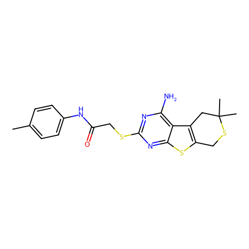 2-[(4-amino-6,6-dimethyl-5,8-dihydro-6H-thiopyrano[4',3':4,5]thieno[2,3-d]pyrimidin-2-yl)sulfanyl]-N-(4-methylphenyl)acetamide structure