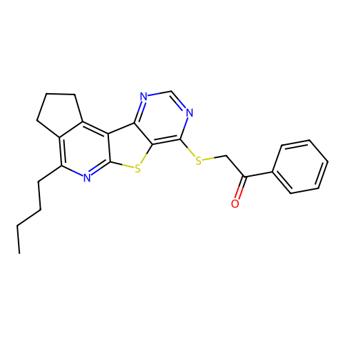 2-((4-butyl-2,3-dihydro-1H-cyclopenta[4',5']pyrido[3',2':4,5]thieno[3,2-d]pyrimidin-7-yl)thio)-1-phenylethanone structure