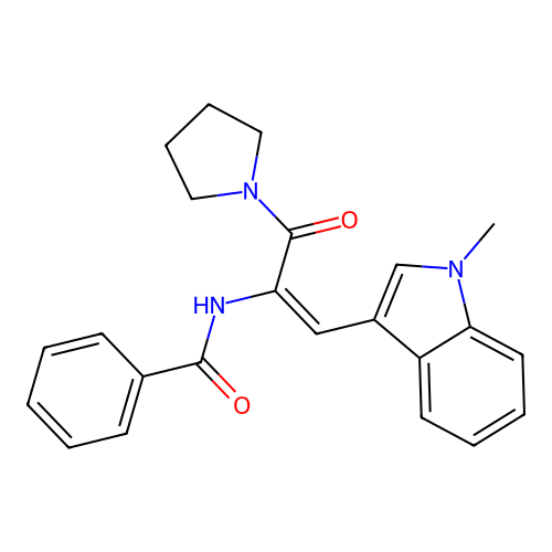 (E)-N-(1-(1-methyl-1H-indol-3-yl)-3-oxo-3-(pyrrolidin-1-yl)prop-1-en-2-yl)benzamide structure