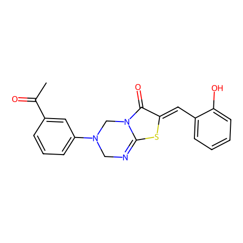 (7Z)-3-(3-acetylphenyl)-7-(2-hydroxybenzylidene)-3,4-dihydro-2H-[1,3]thiazolo[3,2-a][1,3,5]triazin-6(7H)-one structure