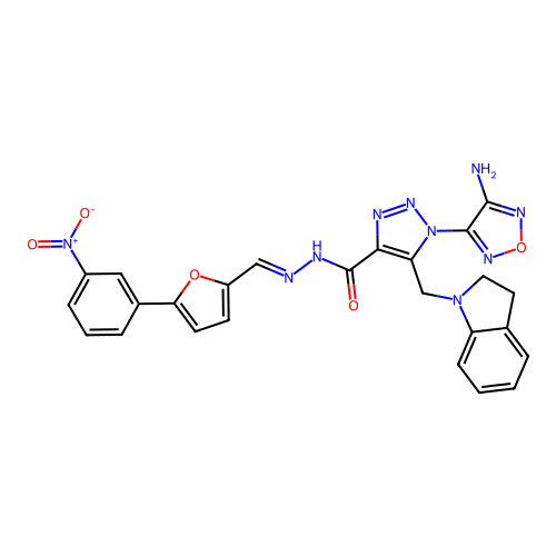 (E)-1-(4-amino-1,2,5-oxadiazol-3-yl)-5-(indolin-1-ylmethyl)-N'-((5-(3-nitrophenyl)furan-2-yl)methylene)-1H-1,2,3-triazole-4-carbohydrazide structure