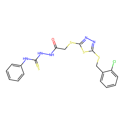 1-[[2-[[5-[(2-chlorophenyl)methylsulfanyl]-1,3,4-thiadiazol-2-yl]sulfanyl]acetyl]amino]-3-phenylthiourea structure