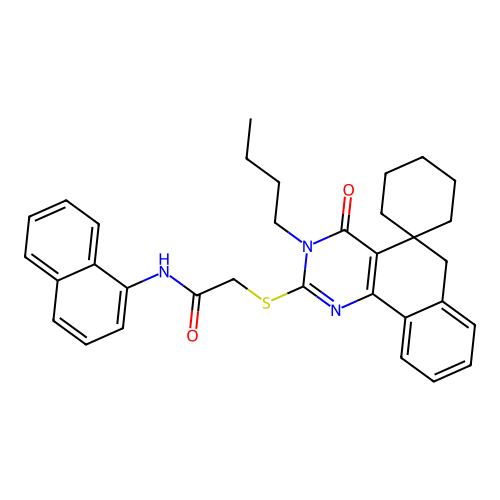 2-((3-butyl-4-oxo-4,6-dihydro-3H-spiro[benzo[h]quinazoline-5,1'-cyclohexan]-2-yl)thio)-N-(naphthalen-1-yl)acetamide structure