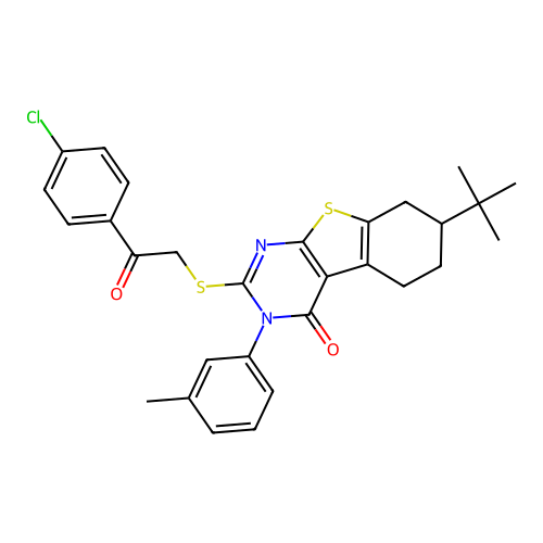 7-(tert-butyl)-2-((2-(4-chlorophenyl)-2-oxoethyl)thio)-3-(m-tolyl)-5,6,7,8-tetrahydrobenzo[4,5]thieno[2,3-d]pyrimidin-4(3H)-one structure